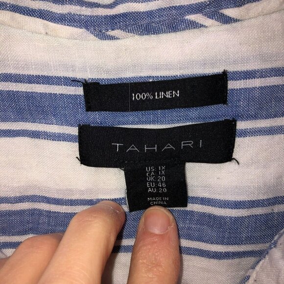 Tahari 1X White Blue Stripe 3/4 Sleeve Linen Button Up Tunic Blouse Top Shirt - Picture 7 of 9
